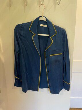 Capulet Blue Silk Button Down Shirt with Yellow Piping